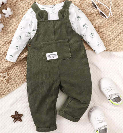 Bear Printed Long Sleeve Round Neck Romper Corduroy Suspender Trousers Suit