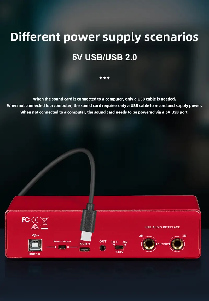 2-channel Audio Interface Sound Card With Display, Designed For Professional Recording Studio Mixer For Electric Guitar On-site Recording, Featuring 24Bit/196kHz High-resolution Recording For Music, XLR Interface With 48 Phantom Power Supply