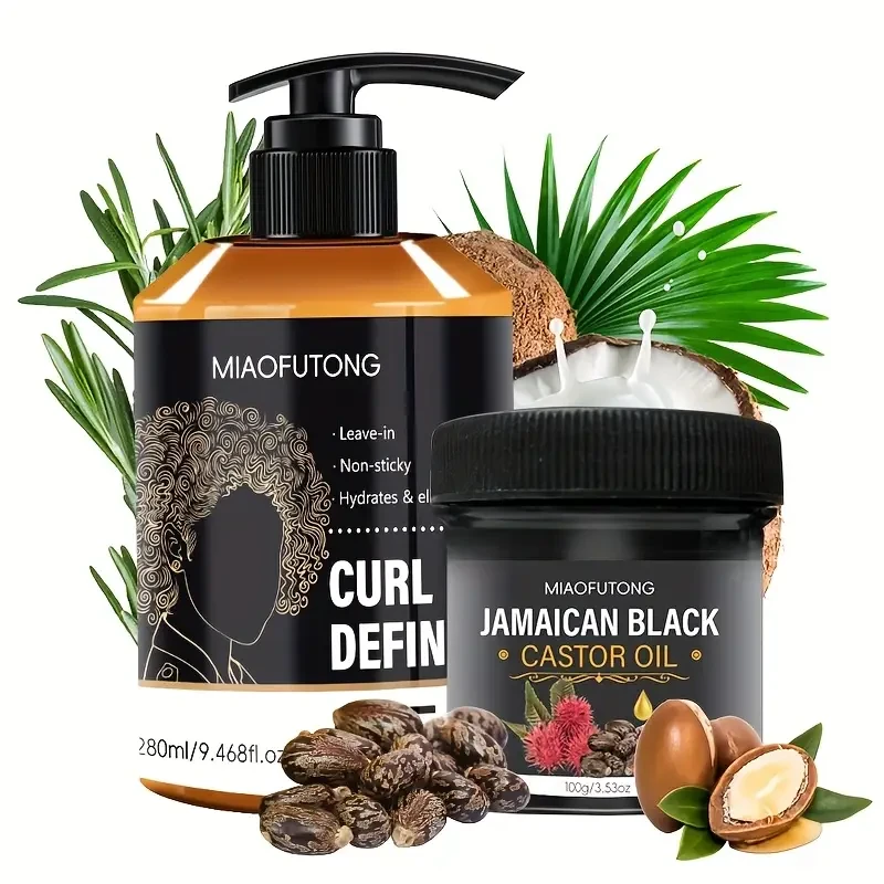 MIAOFUTONG Curl Define Leave-In Conditioner & Jamaican Black Castor Oil Set