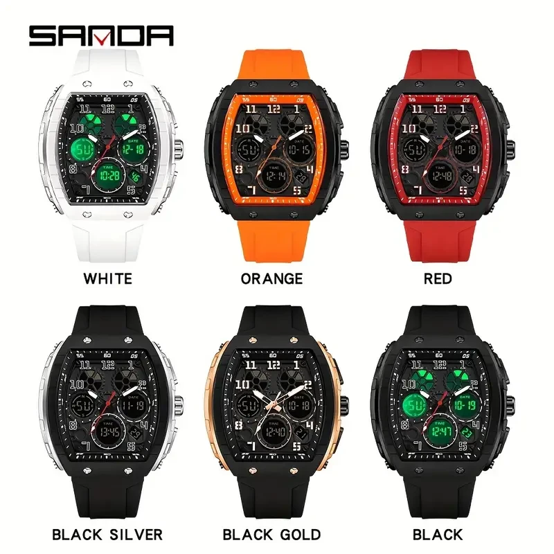 SANDA Men's Fashion Casual Sports Waterproof Dual Display Square Watches