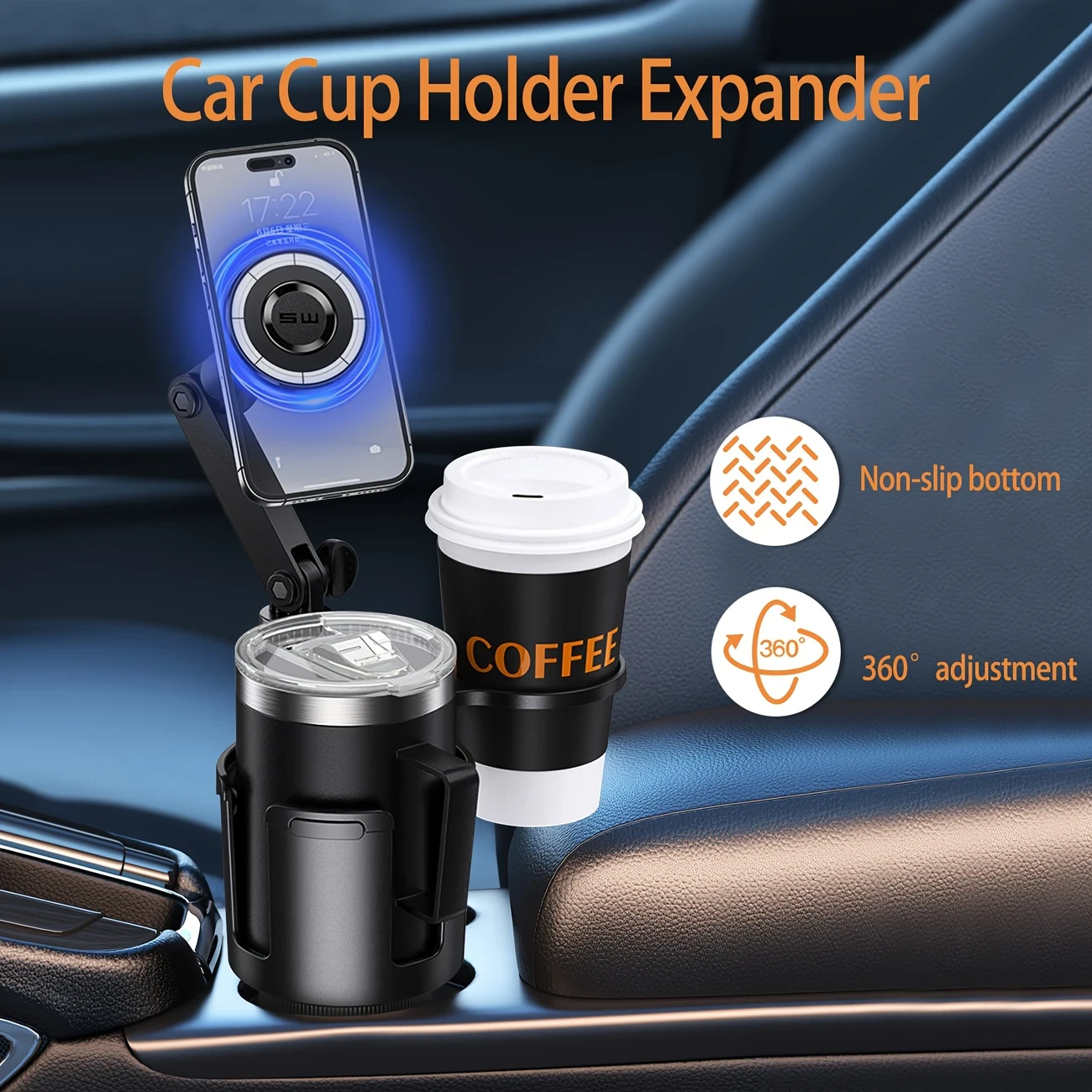 2-in-1 Adjustable Car Cup Holder Extender with Magnetic Phone Holder