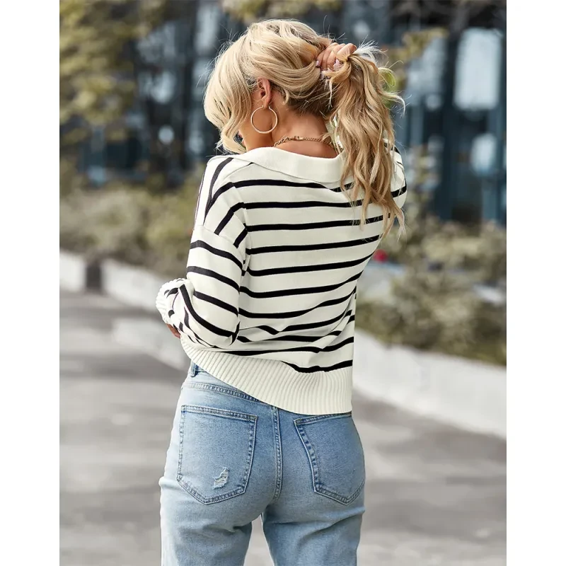 Women Striped Long Sleeve Pullover Sweater Casual Loose Polo V Neck Color Block Lightweight Knitted Fall Shirts Tops