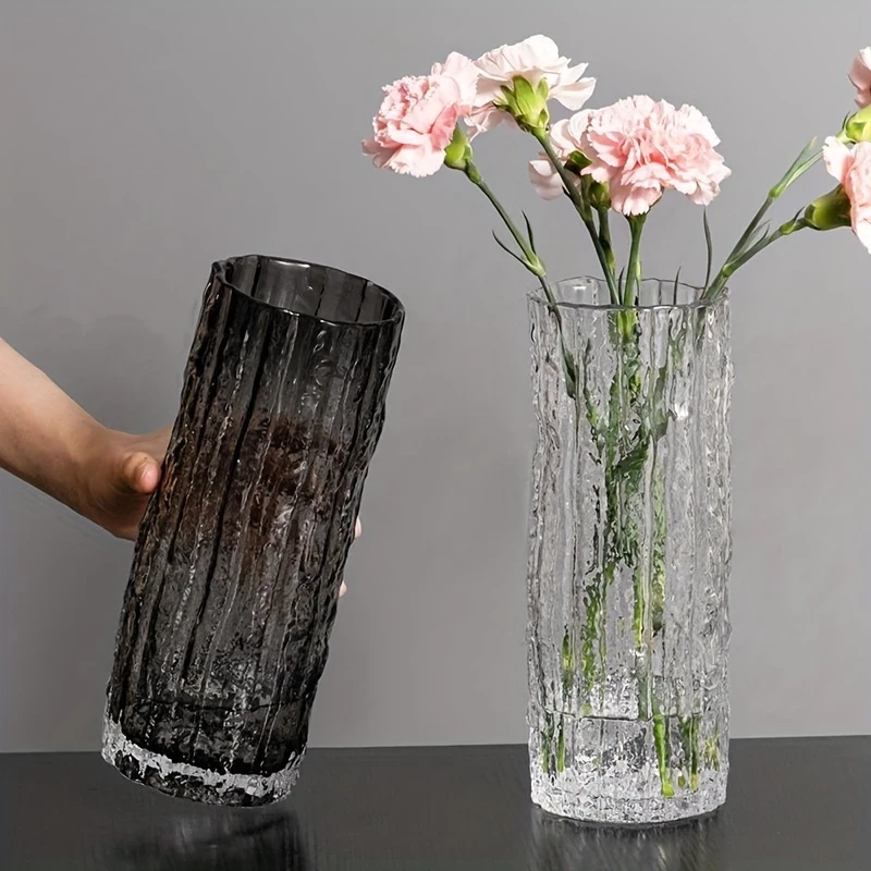 Frozen Glacier Glass Vase - Modern Transparent Cylinder Vase for Flower Arrangements, Rose Flower Living Room & Dining Table Decor, No Electricity or Battery Needed