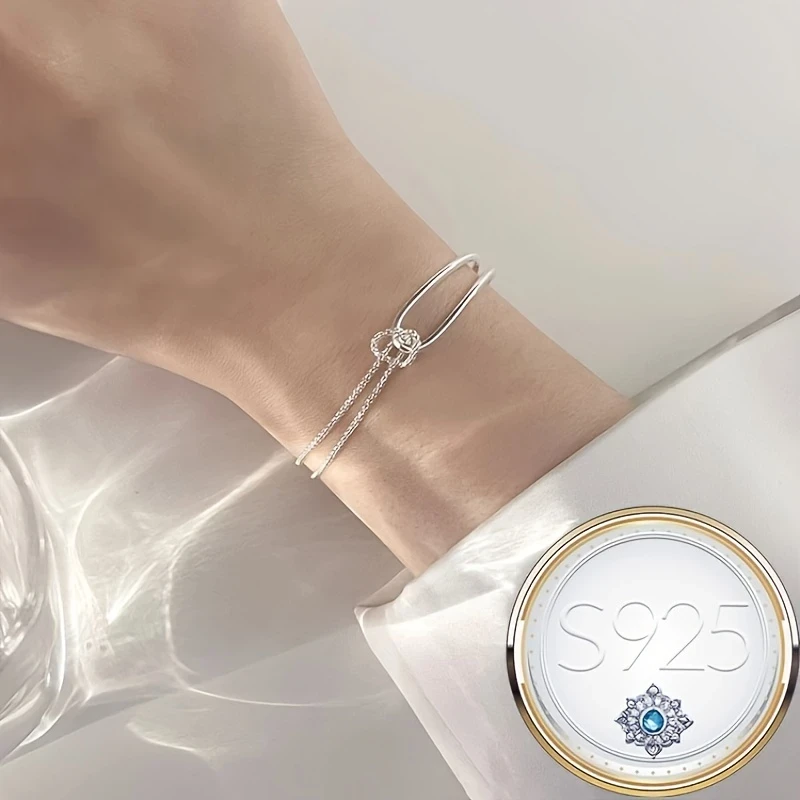 925 Pure Silvery Double Layer Knot Splicing Bracelet for Women - Minimalist Style Rope Knot Half Bracelet, Simple & Elegant Design