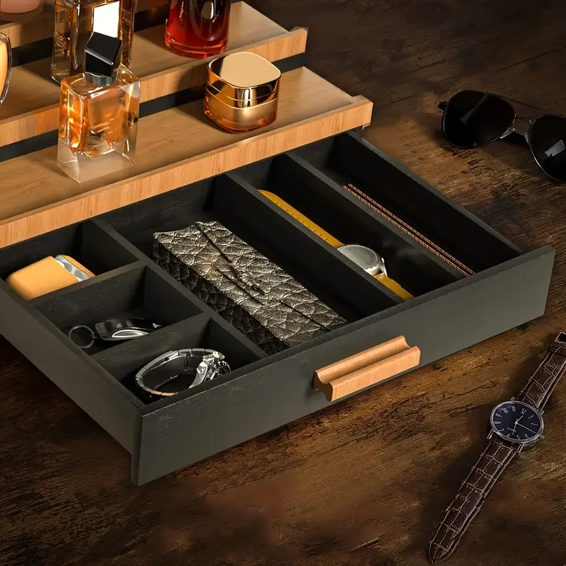 3-Tier Black Walnut Wooden Cologne Organizer with Drawer