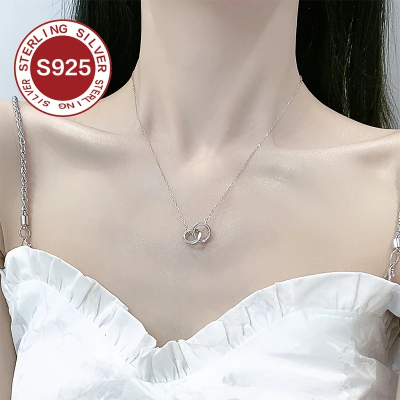 925 Low Allergy Double Ring Necklace  Light Luxury Interlocking Collarbone Chain, Daily Wear Accessory, Suitable for Valentine's Day, Mother's Day, and Exquisite Couple Gifts