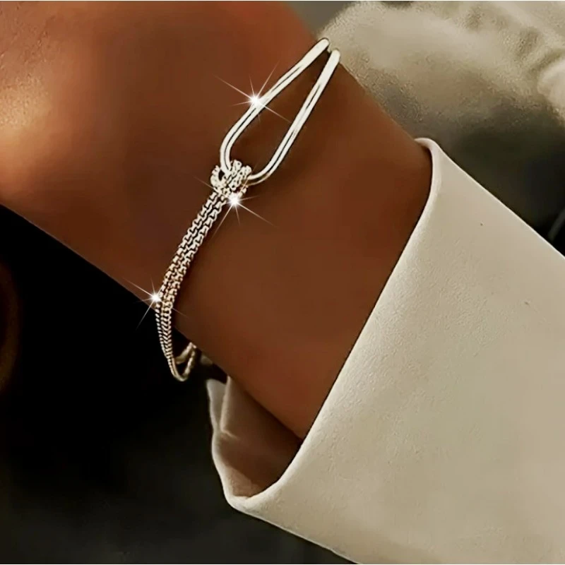 Elegant 925 Sterling Silver Half-Moon Bangle Bracelet with Sparkling Stones - Bohemian Style, Perfect Daily Accessory for Women, Ideal Gift for Valentines Day and Special Occasions