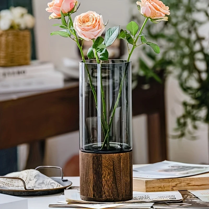 Elegant Modern Glass Vase with Wooden Base  Cylindrical Clear Glass & Natural Wood Finish, Perfect for Living Room & Dining Table Decor, Ideal Gift for Friends and Family