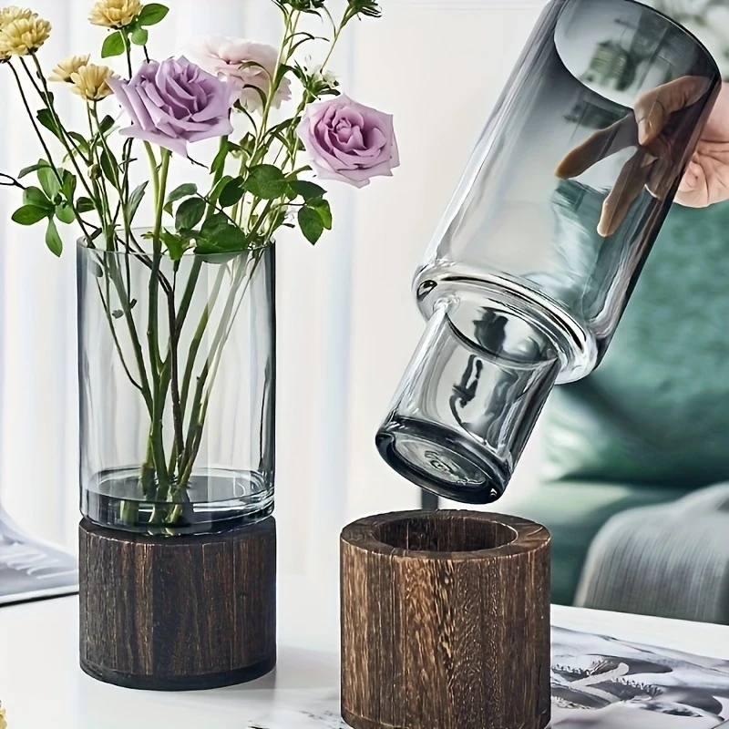 Elegant Modern Glass Vase with Wooden Base  Cylindrical Clear Glass & Natural Wood Finish, Perfect for Living Room & Dining Table Decor, Ideal Gift for Friends and Family
