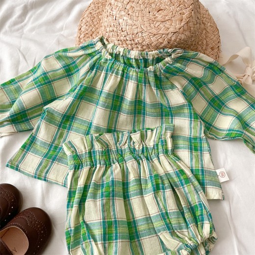 Spring And Autumn Baby Green Plaid Long Sleeve Shorts Suit