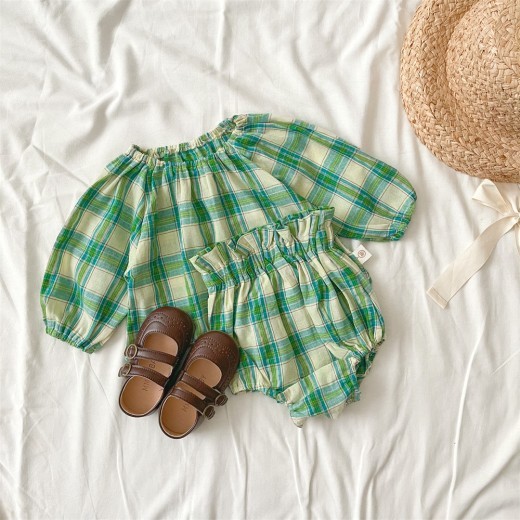 Spring And Autumn Baby Green Plaid Long Sleeve Shorts Suit