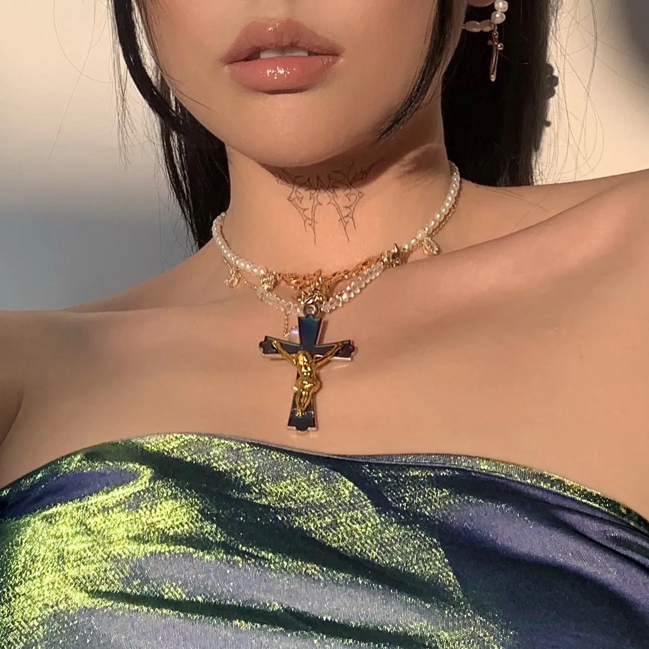 Letter Angel 18k Gold-covered Zircon Natural Pearl Necklace Clavicle Chain