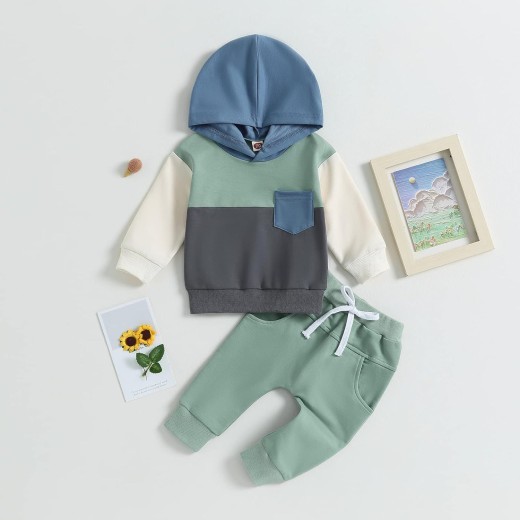 Color Contrast Patchwork Pocket Hooded Sweater Children Fashion Casual Set