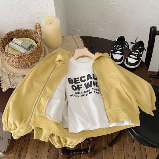 Girls' Solid Color Two-piece Letter Embroidered Jacket Casual Trousers