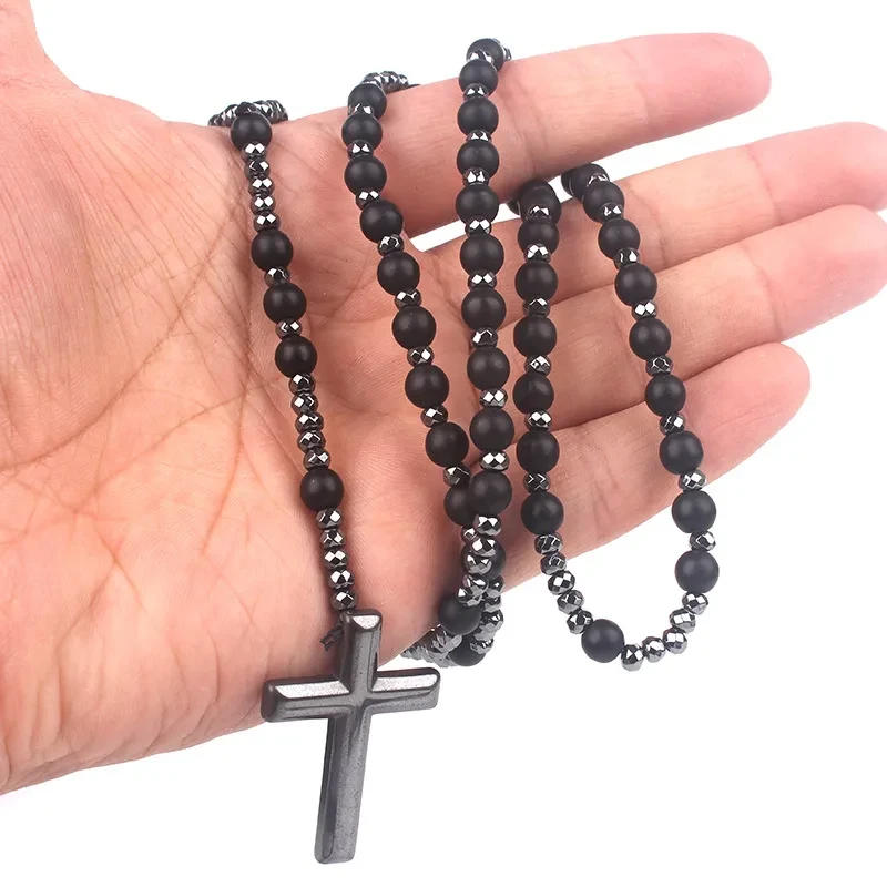 Cross Pendant Black Glitter Matte Agate