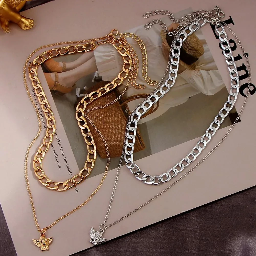 Women's Hip Hop Punk Angel Pendant Double Layer Necklace