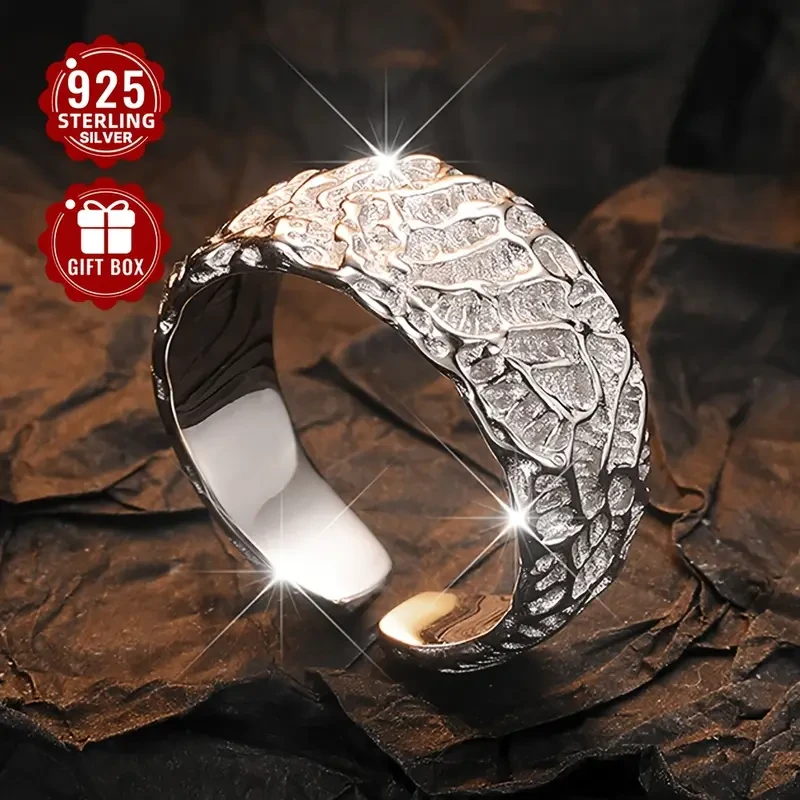 1pc Women's Fashion Wide Band Ring  S925 Sterling Silver Textured Open Adjustable Ring, Perfect for Party Wear, Ideal Thanksgiving Gift