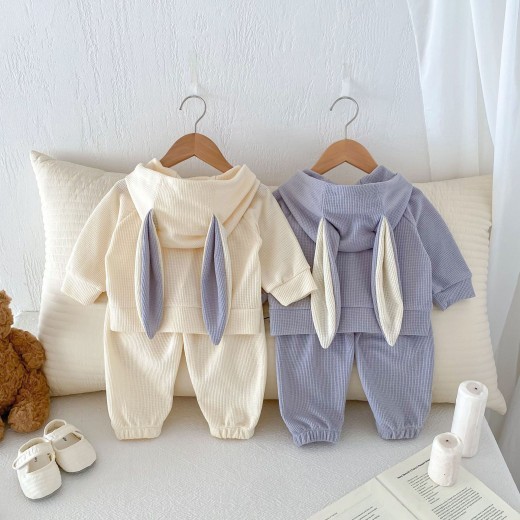 Girls' Rabbit Ears Hooded Coat Trousers Two-piece Set