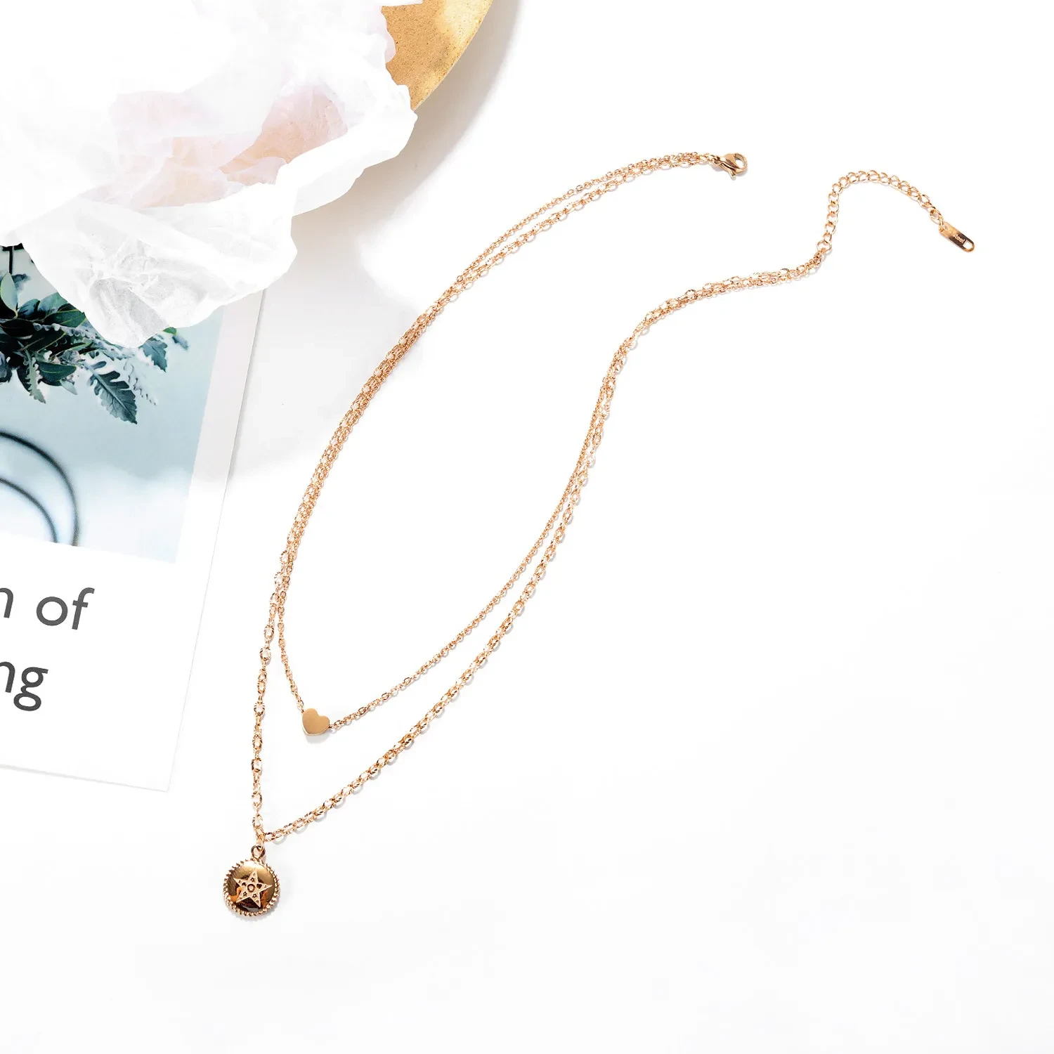 Double Heart Shaped Titanium Steel Pendant Pentagram Necklace