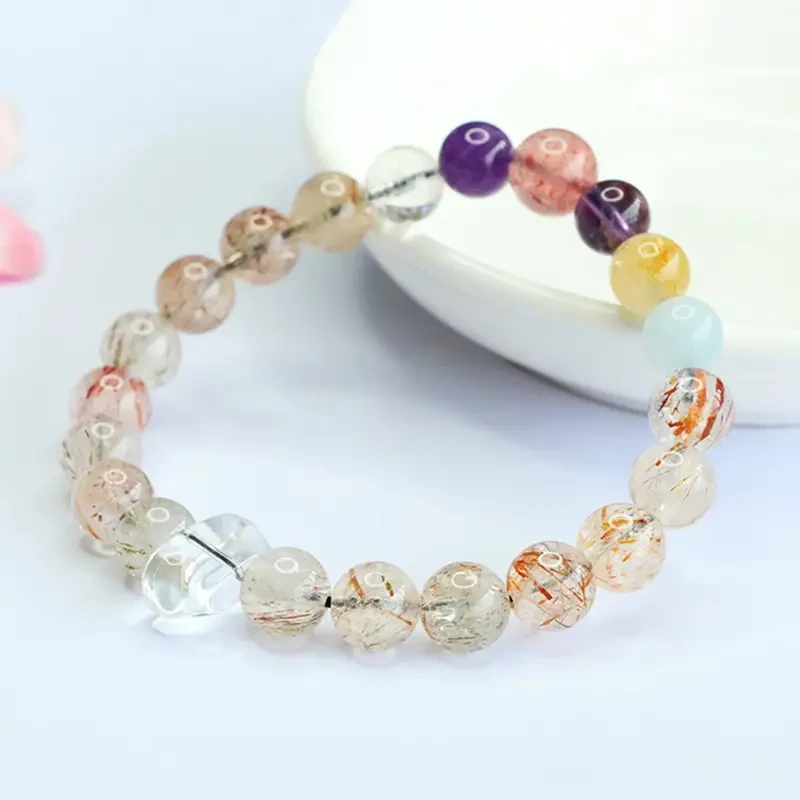 Black Golden Ultra Seven-Hand Strung Amethyst Multi-Bead Bracelet in Natural Warm Tones