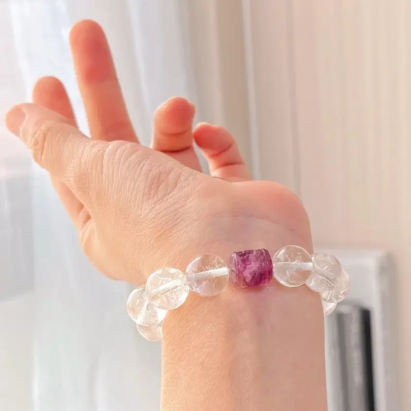 Natural White Crystal Quartz Reiki Bracelet Geometric Pattern, Vintage Design, Clear Texture, Fashionable Accessory