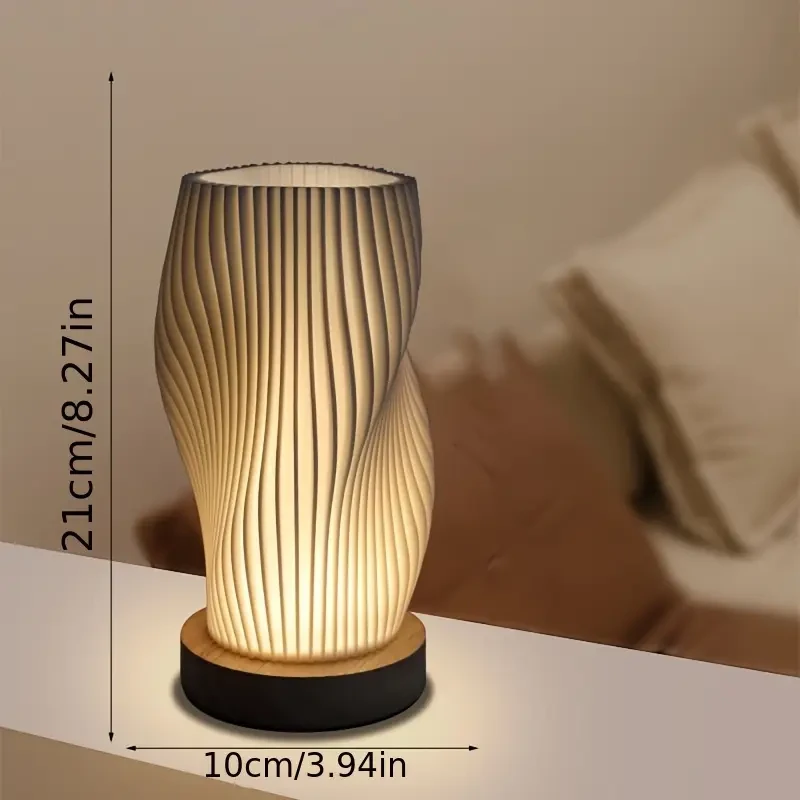 Modern LED Art Table Lamp with Wooden Base  USB Powered, Adjustable Brightness & Artistic 3D Printed Shade for Bedroom & Living Room Dcor