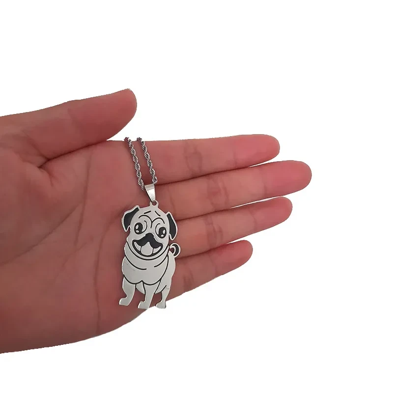 Stainless steel cartoon pug pendant necklace