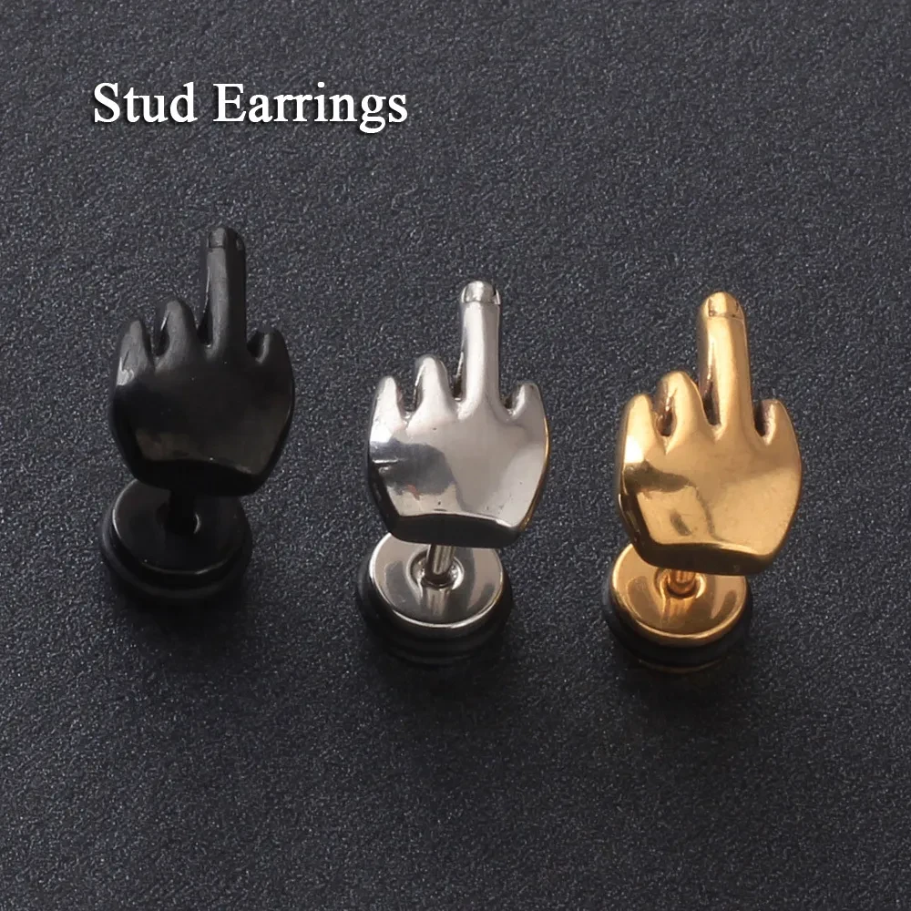 Titanium Steel Trendy Personality Middle Finger Provocative Earrings Earrings Titanium Steel Vertical Middle Finger Earrings Wholesale