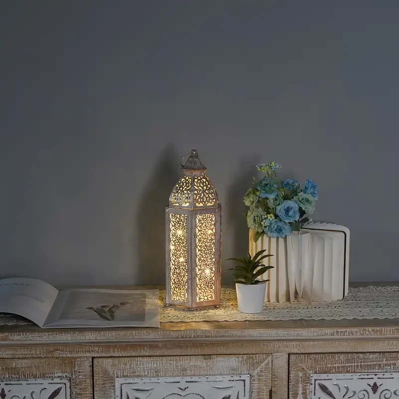 1pc Art Deco Metal Lantern - Moroccan Hollow Iron Craft Home Decor, Battery Operated, Festive Atmosphere Decorative Lamp, for Christmas, Halloween, Valentine's Day, Ramadan, Eid Al-Fitr, Universal Celebrations (AAA Batteries Not Included)