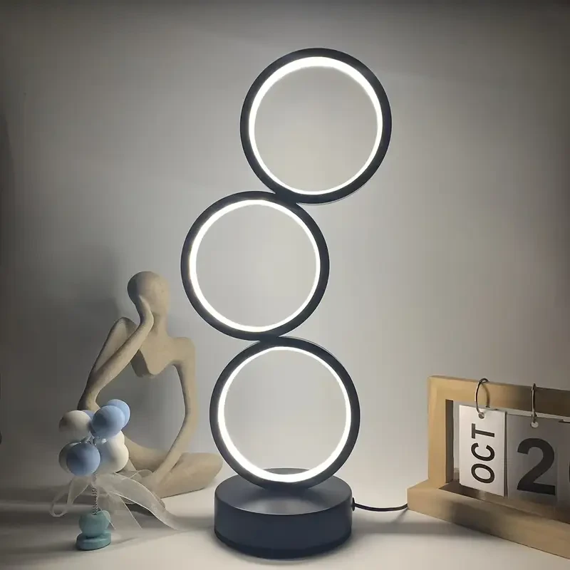 1pc Modern Art Deco LED Ring Desk Lamp  Stylish & Minimalist Design with Triple Circular Light, Adjustable Brightness, USB Powered, Ideal for Bedroom, Living Room, or Office, Perfect for Home Decor