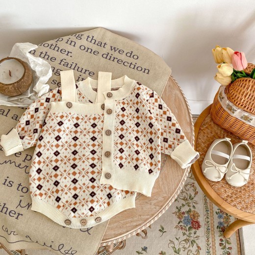 Rhombus Jacquard Knitted Coat Strap Rompers Jumpsuit Suit