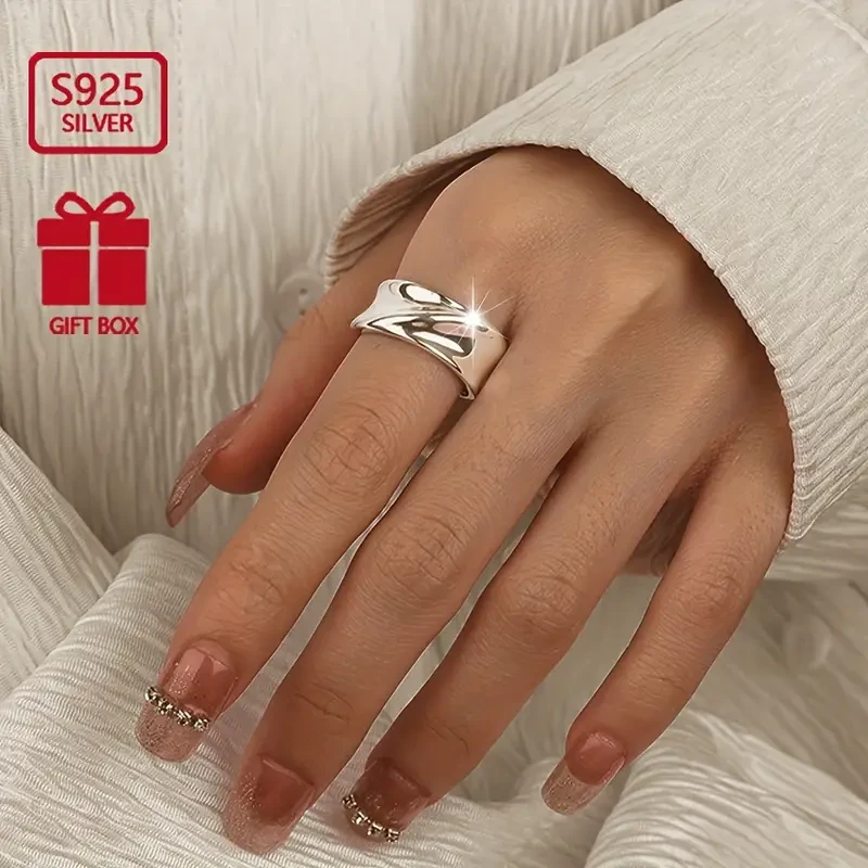 925 Pure Silver Simple Glossy Irregular Pattern Open Ring - Creative Finger Ring Ornament