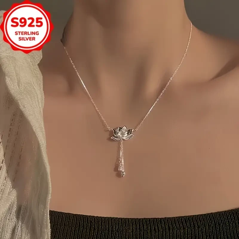 High-end Lotus Tassel Pendant Necklace in S925 Silver - Retro Style Clavicle Chain, Perfect Gift for Women