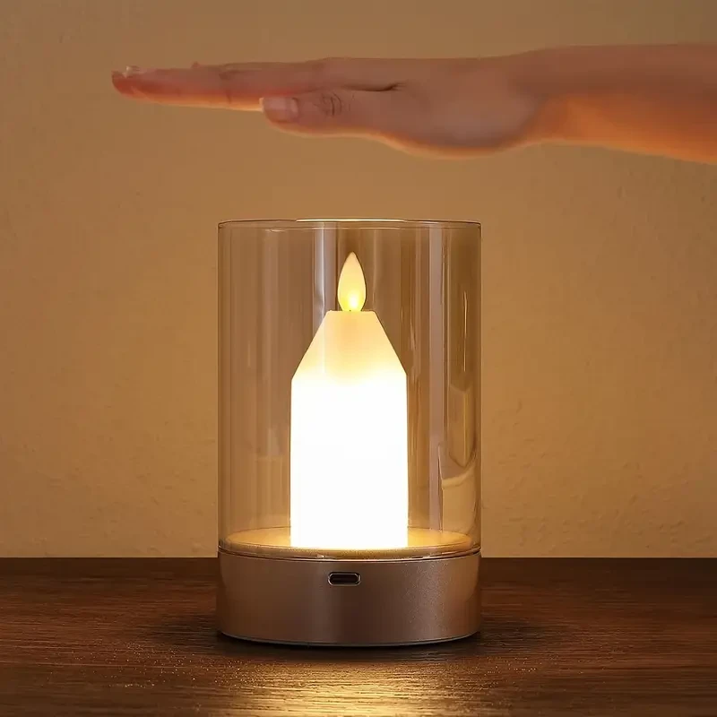 1pc Dimmable Flameless Glass Candle Lamp with Motion Sensor Control Rechargeable Cordless Night Light for Bedroom, Restaurant, Cafe, Warm Light Table Lantern