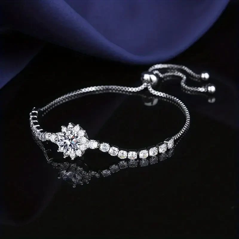 Elegant Moissanite Sunflower Adjustable Bracelet  Luxury Silver-Plated with 2 Carat Center Stone & Moissanite Accents, Ideal for Halloween & Daily Wear