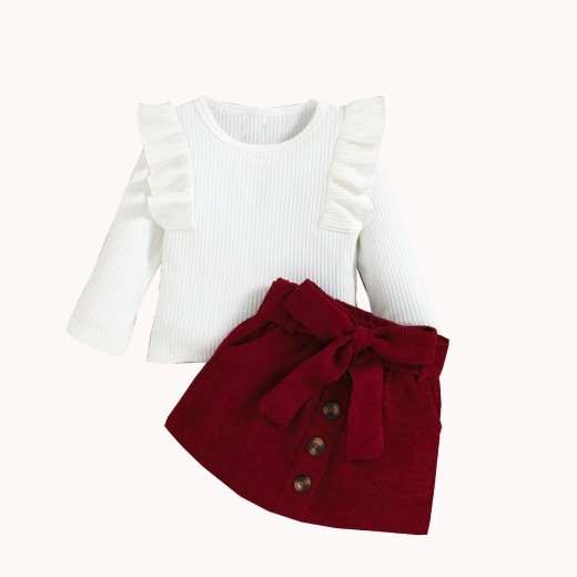 Girls Autumn And Winter Solid Color Lace Long-sleeved Corduroy Suit