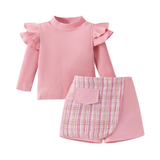 Trendy Style Girls' Skirt Set Solid Color Striped Long Sleeve Classic Style Culottes Two-piece Set