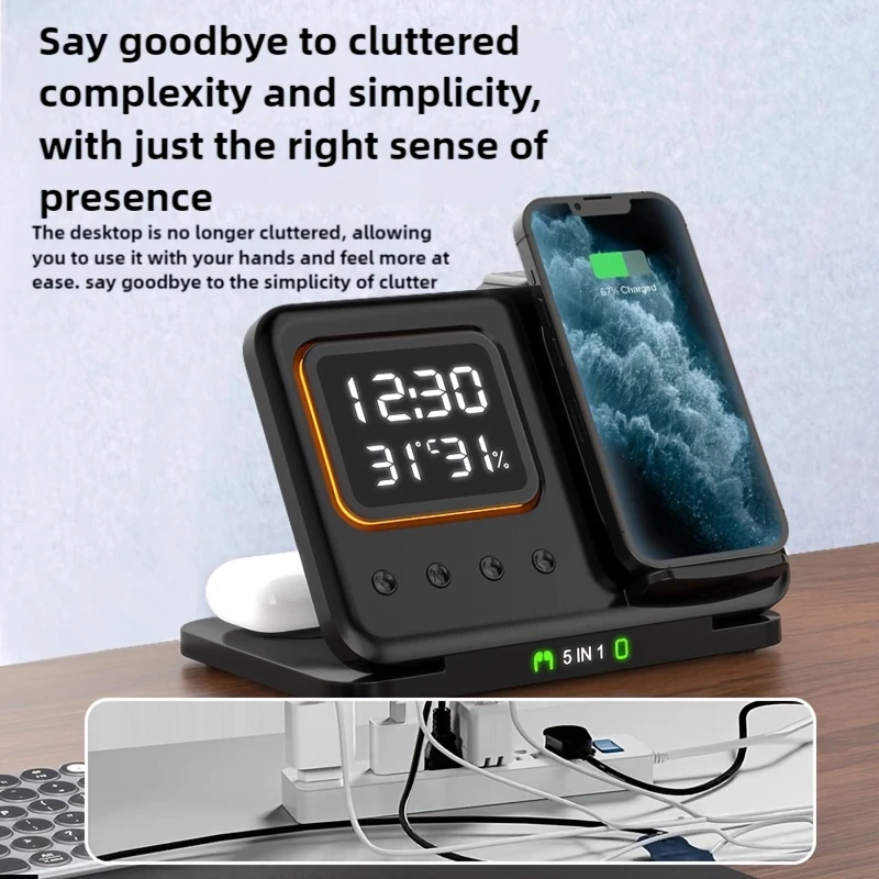 5-in-1 Clock Wireless Charging Station with Adjustable Night Light