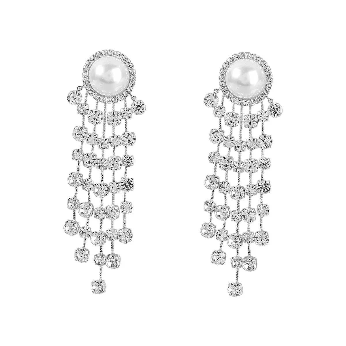 Creative Alloy Inlaid Pearl Diamond Rhinestone Long Fringe Earrings Female