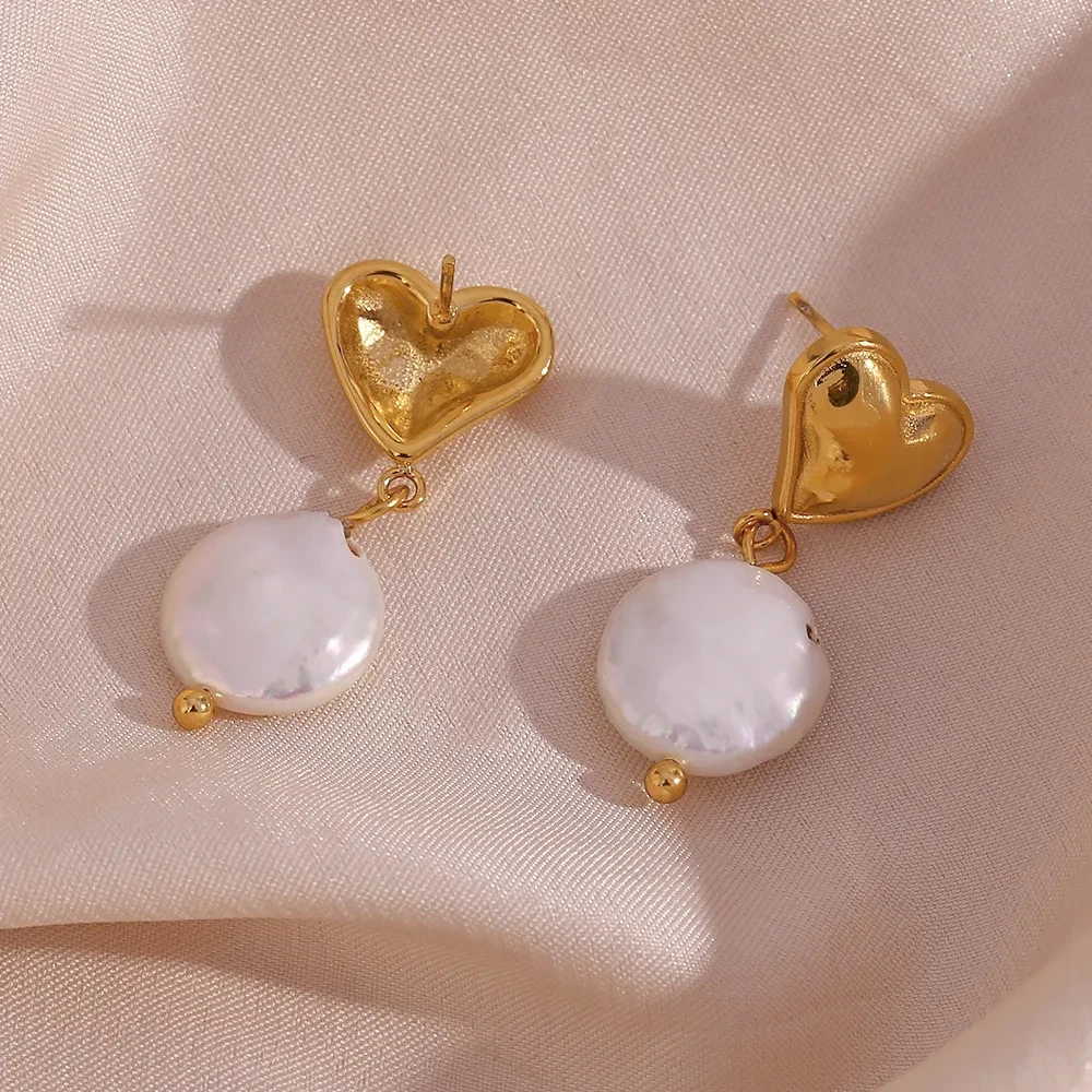 18K Gold Peach Heart Freshwater Pearl Pendant Earrings