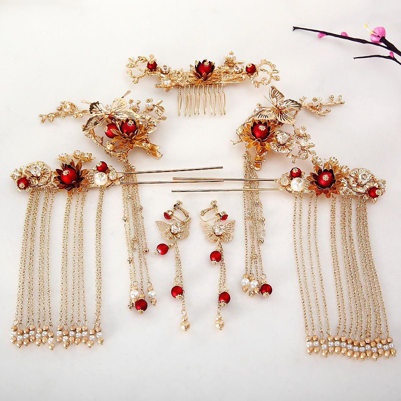 Bridal Headdress Ancient Costume Red Hair Chinese Dress Accessories