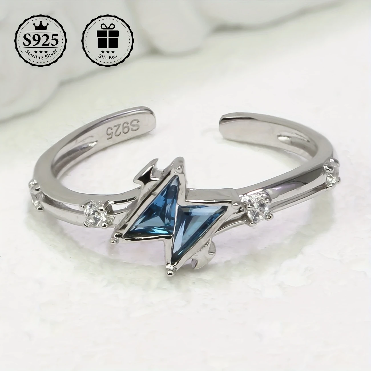 Adjustable S925 Silvery Ring with Elegant Blue Triangle Zirconia Faux Gemstones  Perfect for Engagement, Weddings, Gifts, and Everyday Elegance