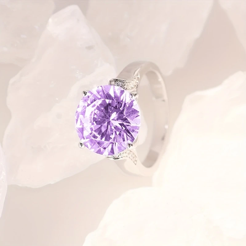 Sterling Silver Halo Support Purple Crystal 0.5 Carat Ring for Women  Light Luxury, High-End Design, Perfect for Daily Wear, Parties, and Vacations