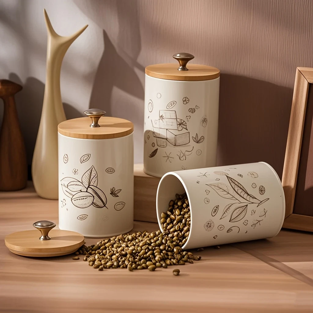 3pcs/Set Coffee, Sugar, Tea Storage Jar with Bamboo Lid  Airtight Round Containers for Kitchen Countertops