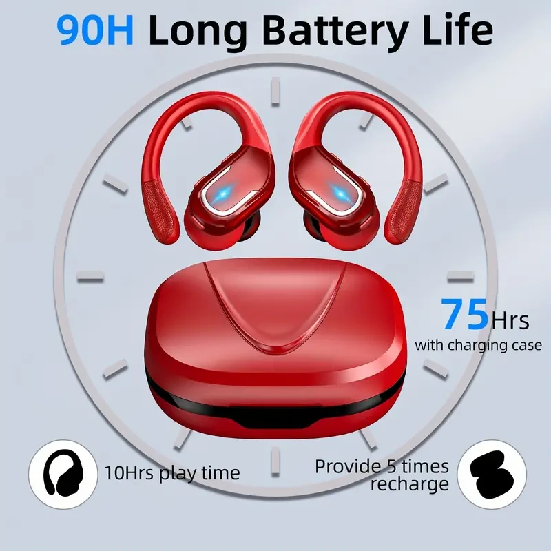 Red Wireless Earbuds for Running - Enhanced Bass Earphones with Sweatproof Earhooks, Dual-LED Display, and Noise Cancelling Technology