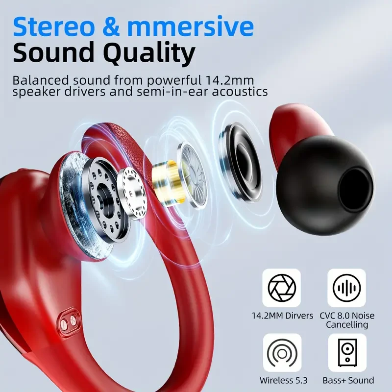 Red Wireless Earbuds for Running - Enhanced Bass Earphones with Sweatproof Earhooks, Dual-LED Display, and Noise Cancelling Technology