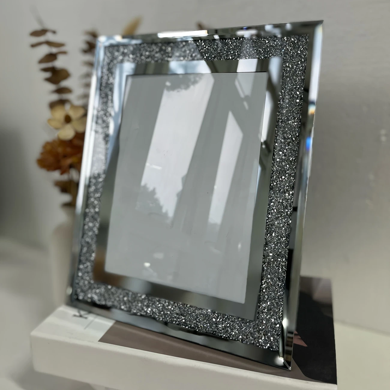 Glam Crystal Glass Diamond Silver Mirror Picture Frames Set  Elegant Display for Your Cherished Moments