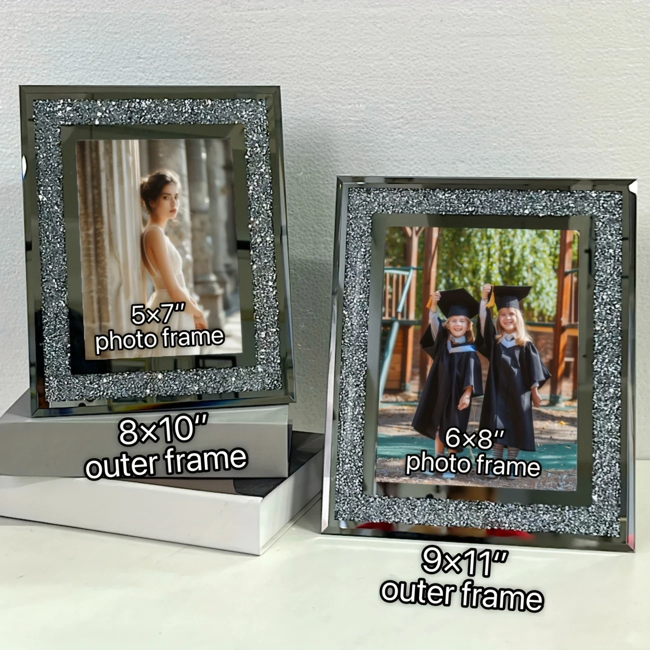 Glam Crystal Glass Diamond Silver Mirror Picture Frames Set  Elegant Display for Your Cherished Moments