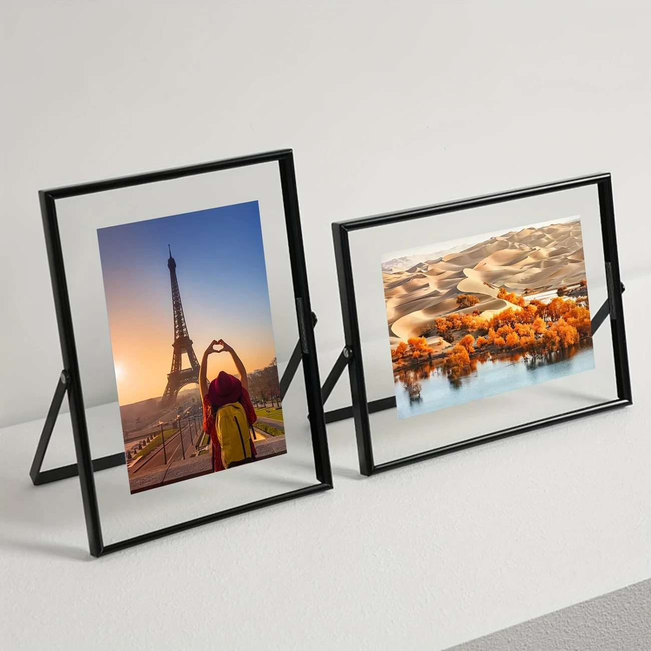 1pc Minimally Modern Style Metal Frame with Glass Double-layer High Transparency Genuine Glass, Coated Anti-Rust Metal Frame, Suspended Display Effect Narrow Edge Picture Frame (Picture Core Randomly)