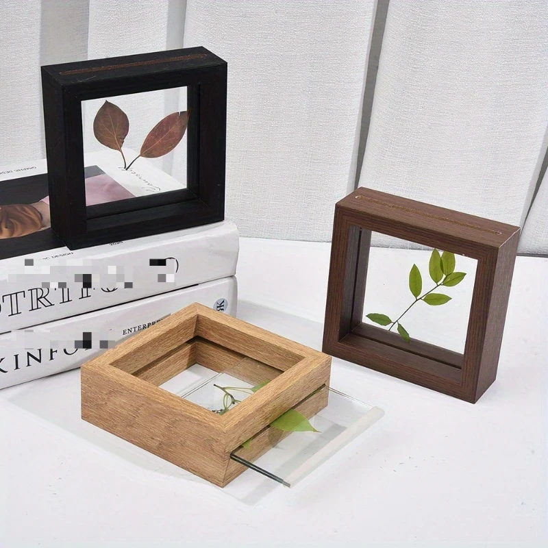 3pcs Wood Creative Double-Sided Glass Plant Specimen Photo Frame New Chinese Stereo Frame, Transparent Wood Photo Frame for Artistic Display